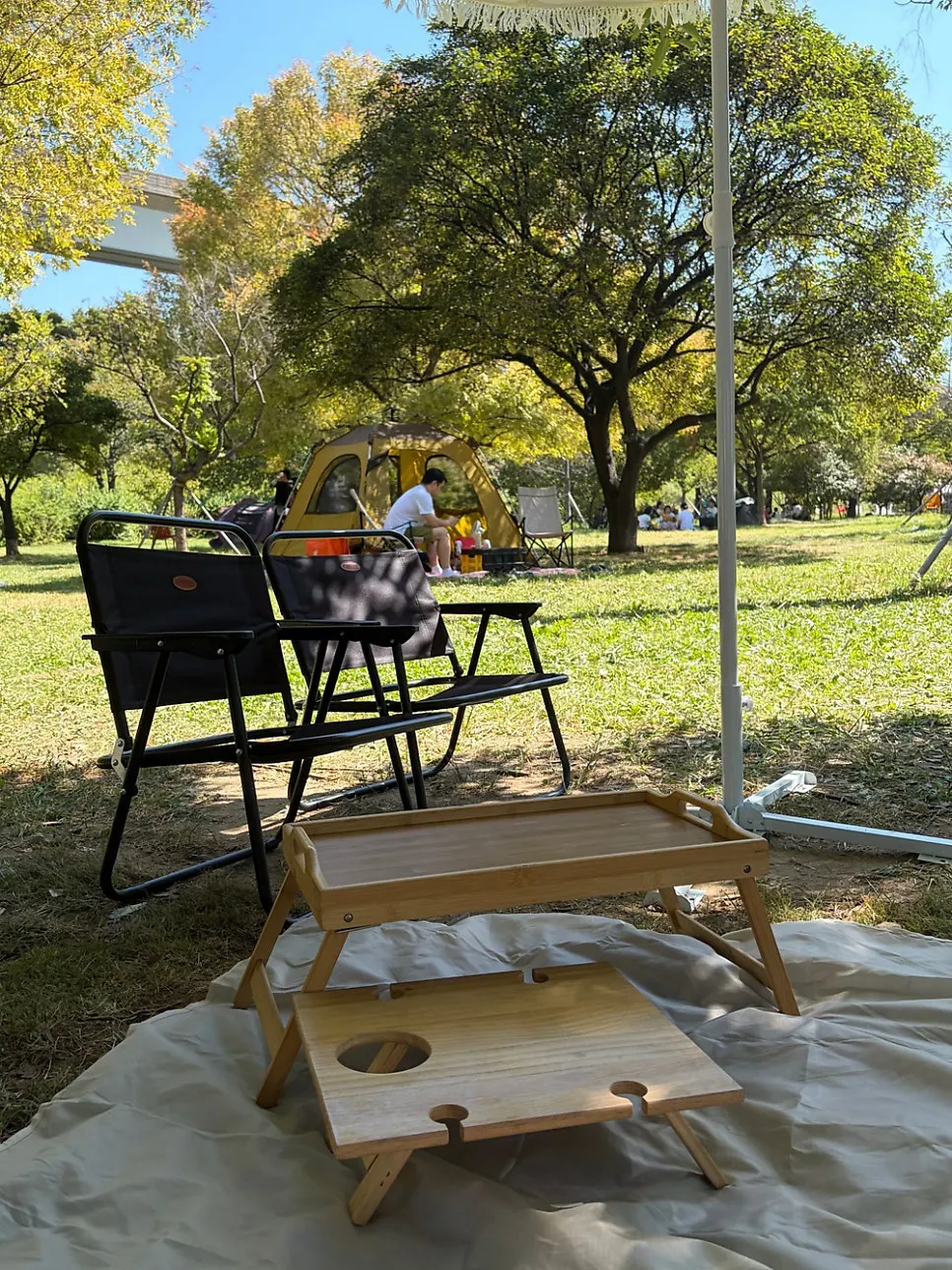 Picnic spot set up with mat and table