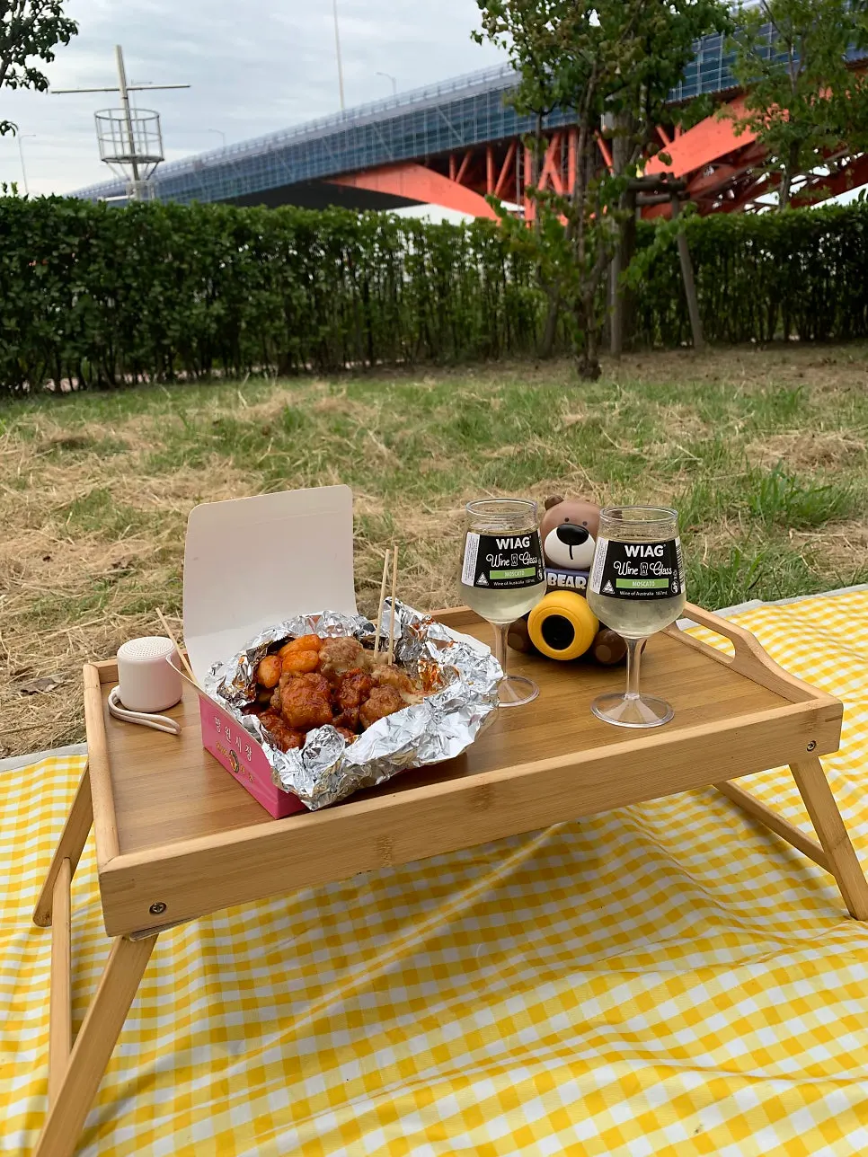 Wood table and Bluetooth speaker set up on the mat