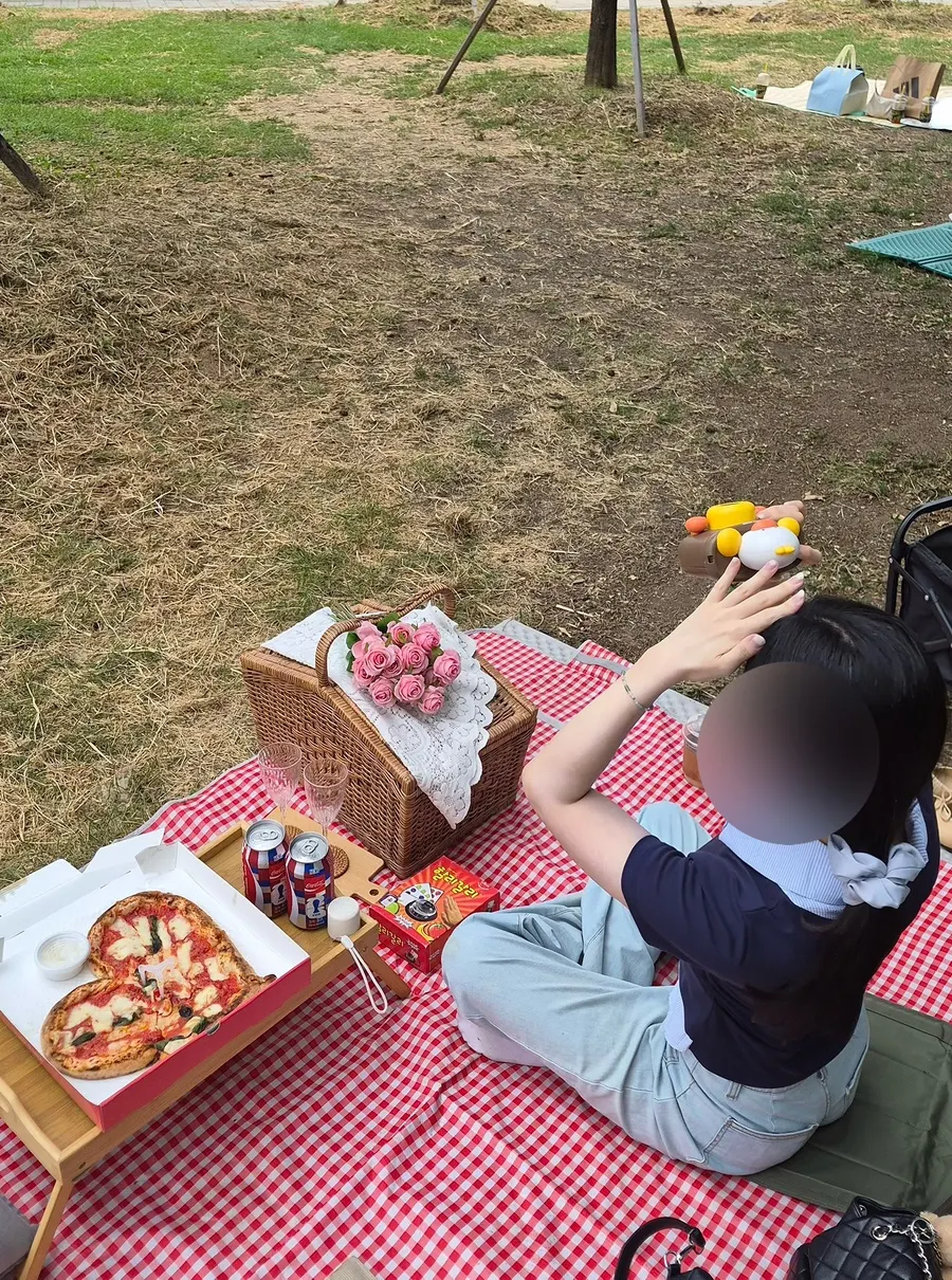 Picnic spot at Mangwon Han River Park with chairs and table together