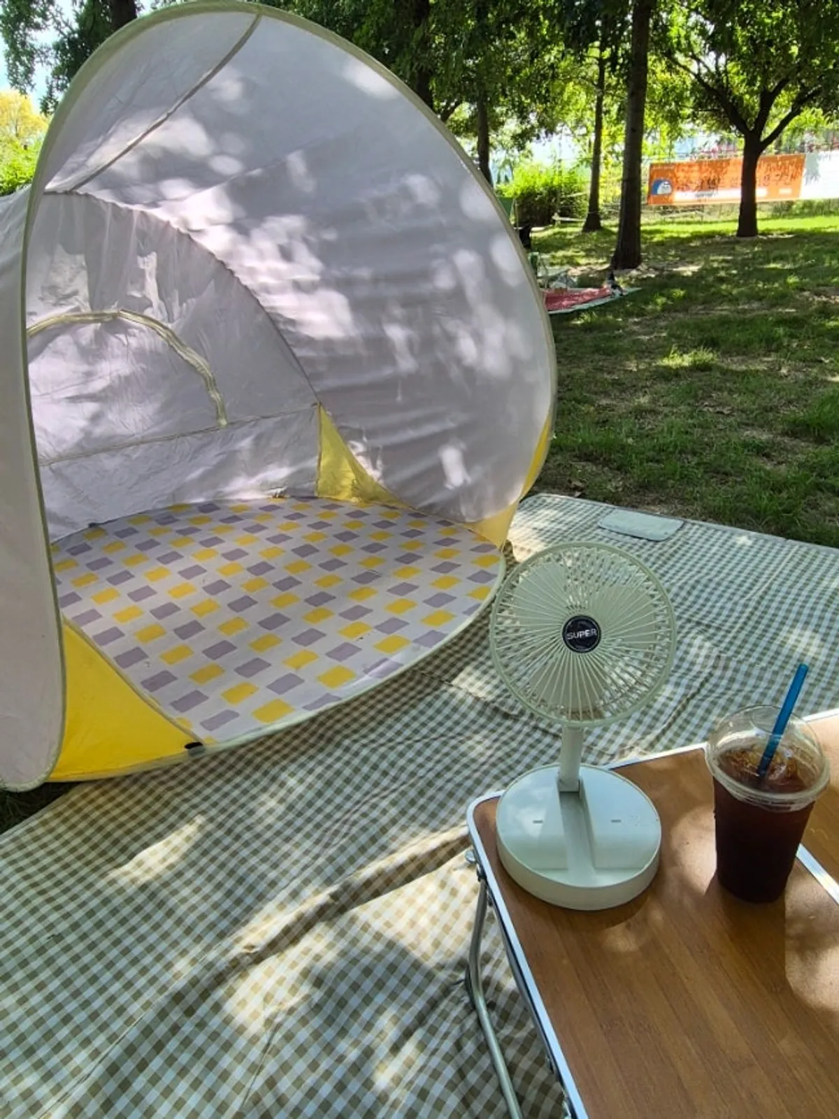 Picnic spot set up with a mat and tent rented from Picnic List Mangwon at Mangwon Han River Park