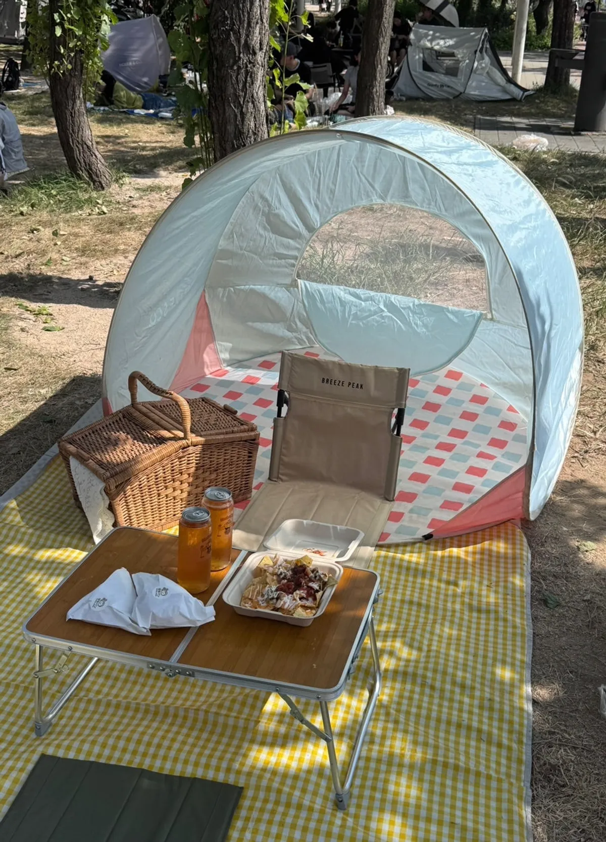 Shade tent and wood table set up under a tree