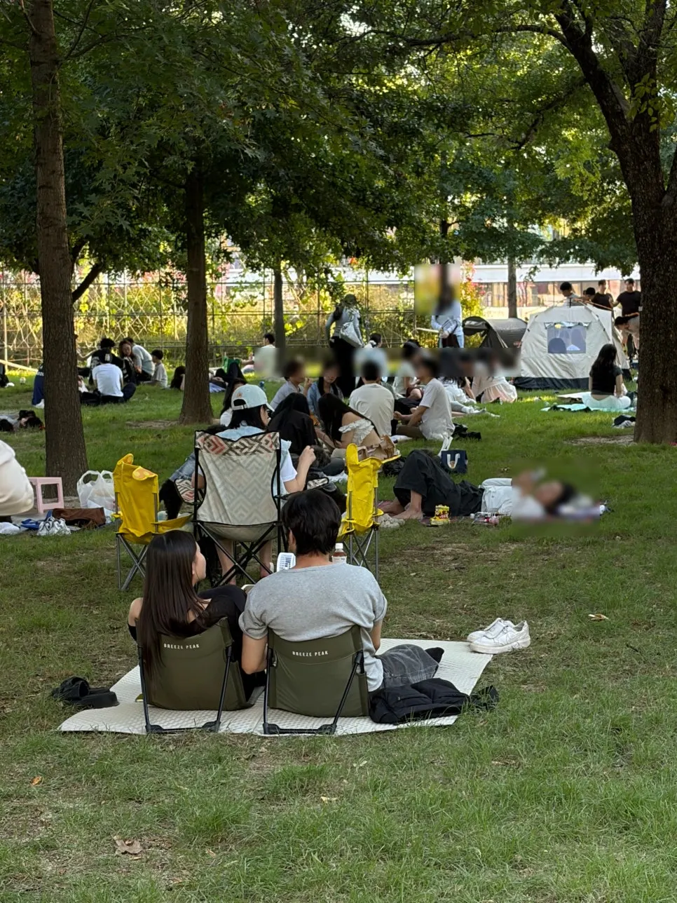 Crowded picnic lawn at Mangwon Hangang Park