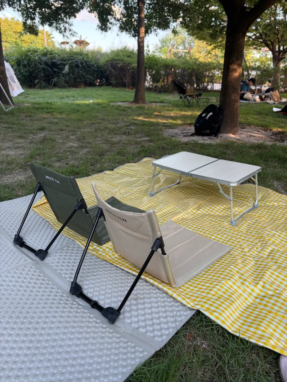 Rented mat and sunshade set up at the picnic spot