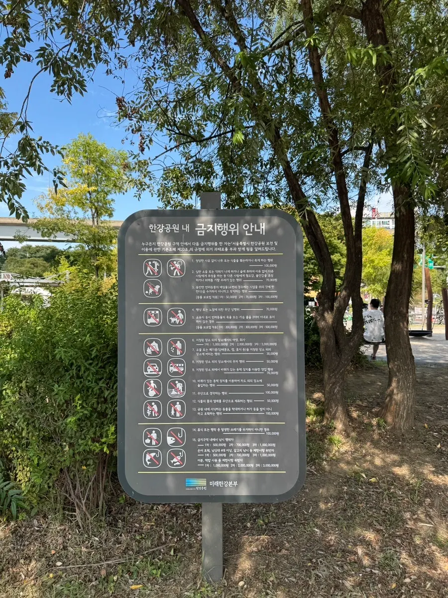 Sign listing prohibited activities at Mangwon Han River Park