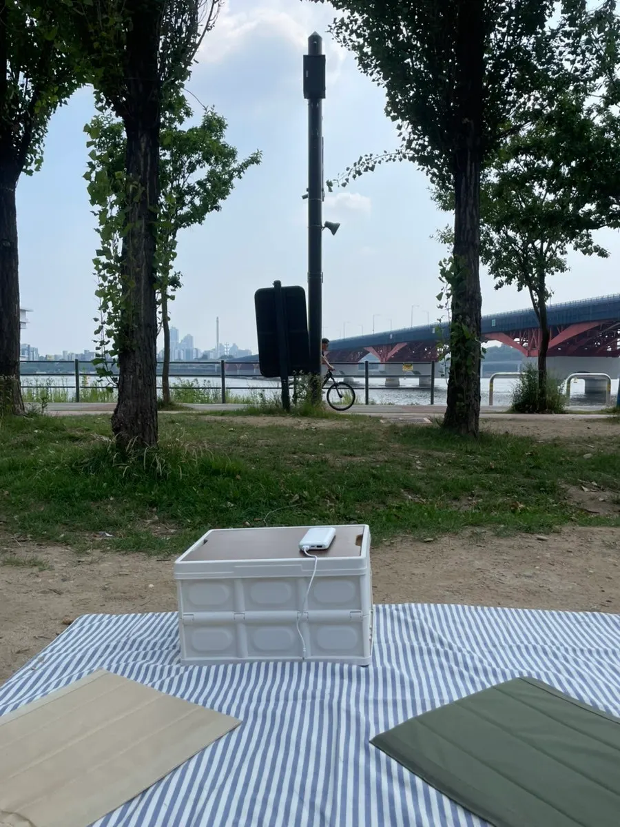 Quiet view of the tent zone at Mangwon Han River Park