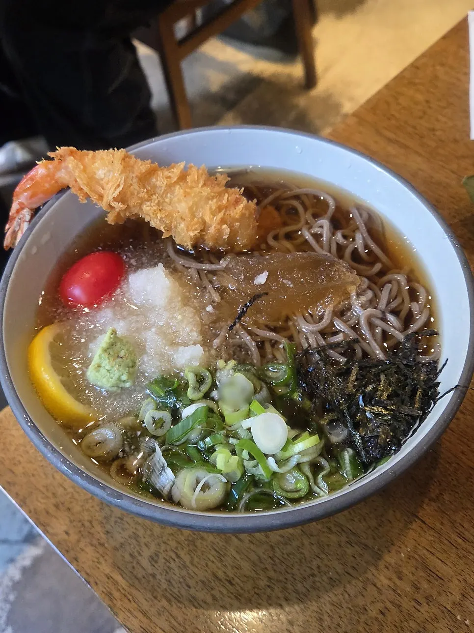 Padong's cold soba topped with fried shrimp
