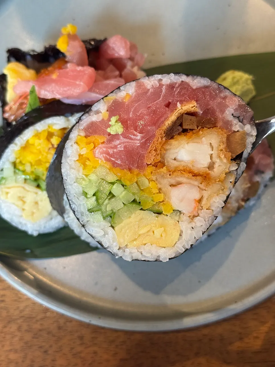 Cross-section of Padong's futomaki showing fried shrimp and tuna