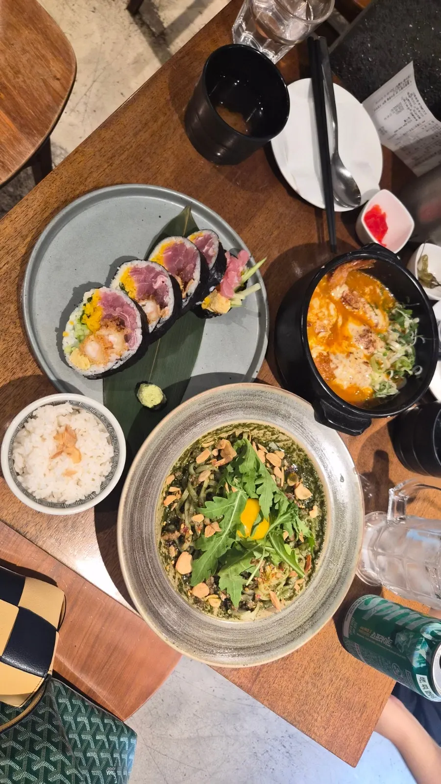 Futomaki and basil soba set on the table at Padong