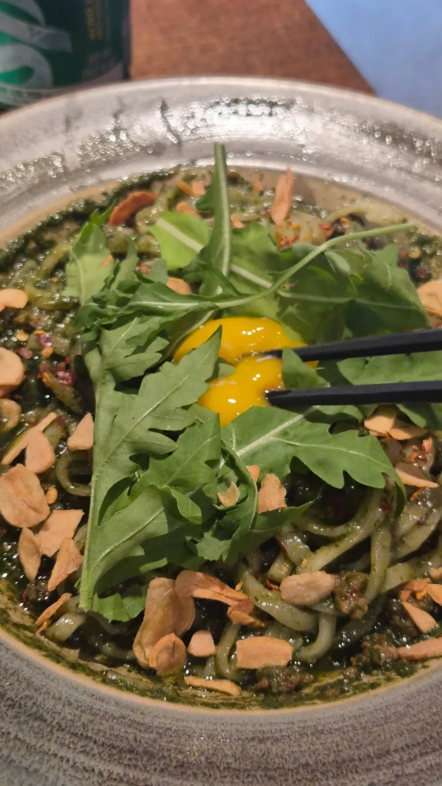 Basil soba topped with basil pesto and ground pork