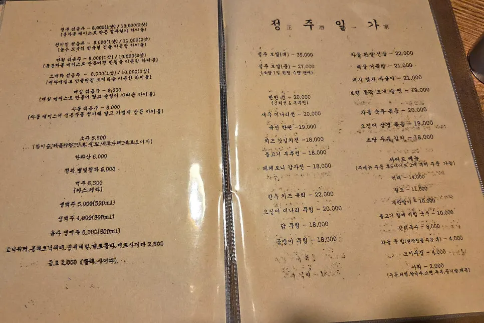 Traditional liquor menu page at Jeongju Ilga