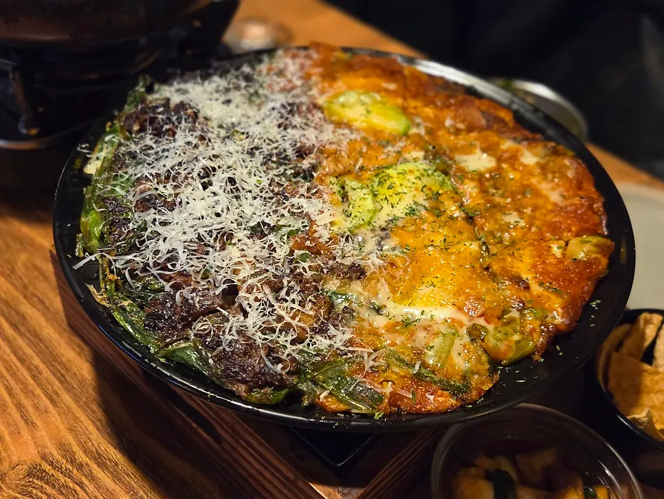 Cross-section of the golden-fried bulgogi chive pancake