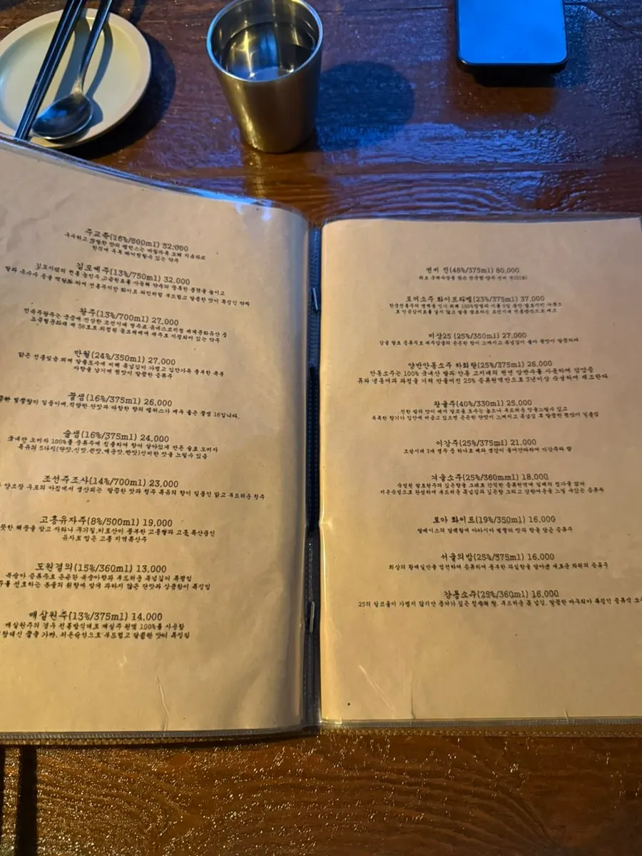 Traditional alcohol menu at Jeongju Ilga