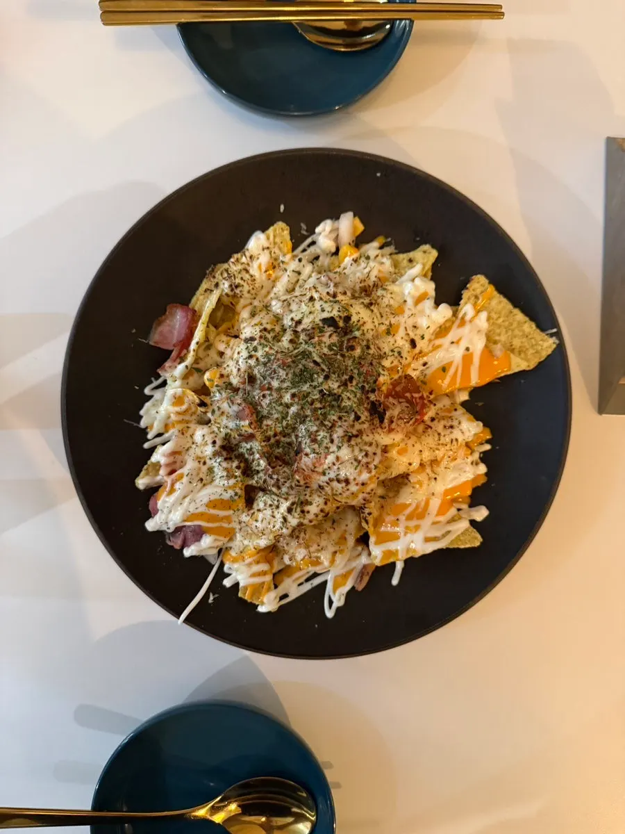 Close-up of the signature nachos plate