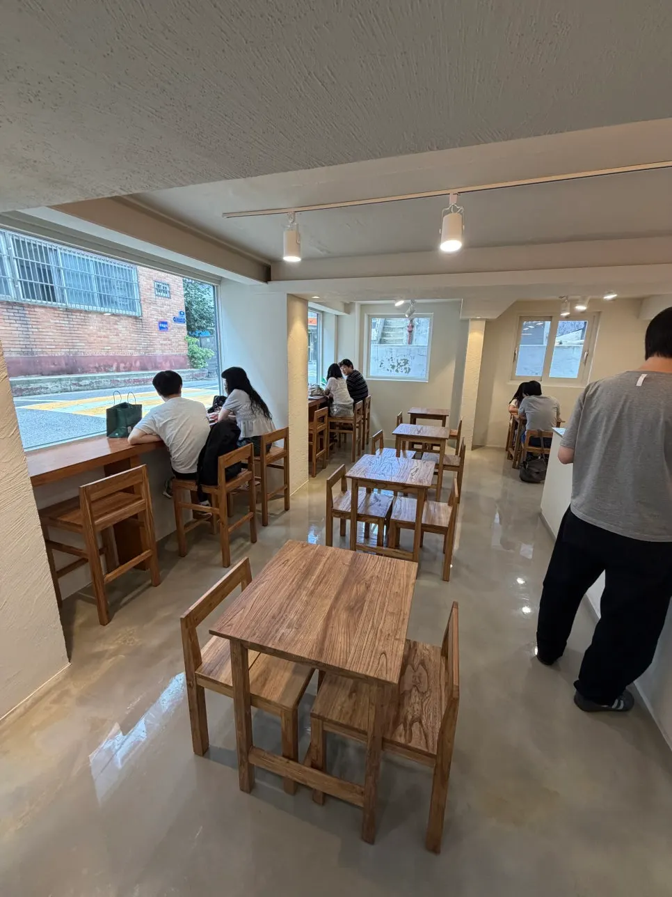 Interior view with wooden tables