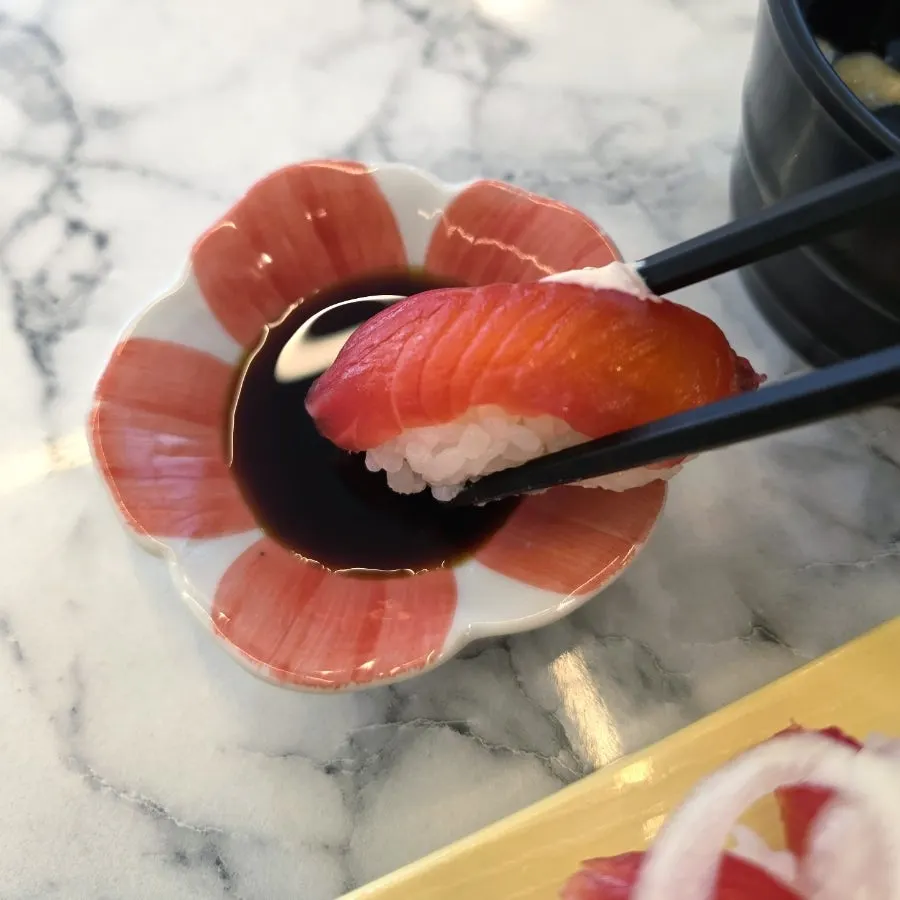 Close-up of the red salmon sushi