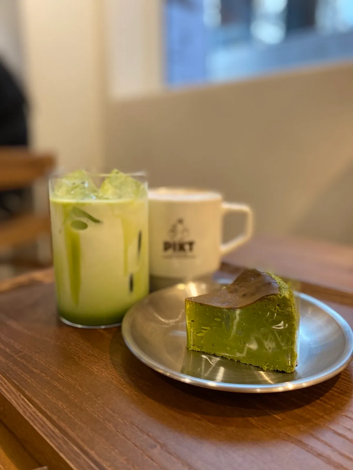Kyoto matcha Basque cheesecake with two drinks