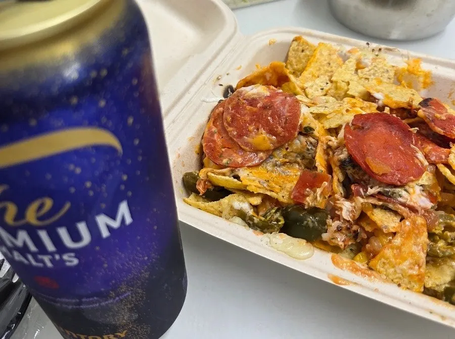 Horizontal shot of the smoky pepperoni pizza nachos
