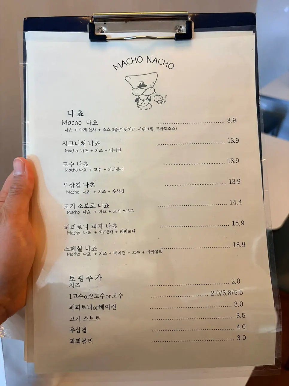 Nacho menu board at Macho Nacho