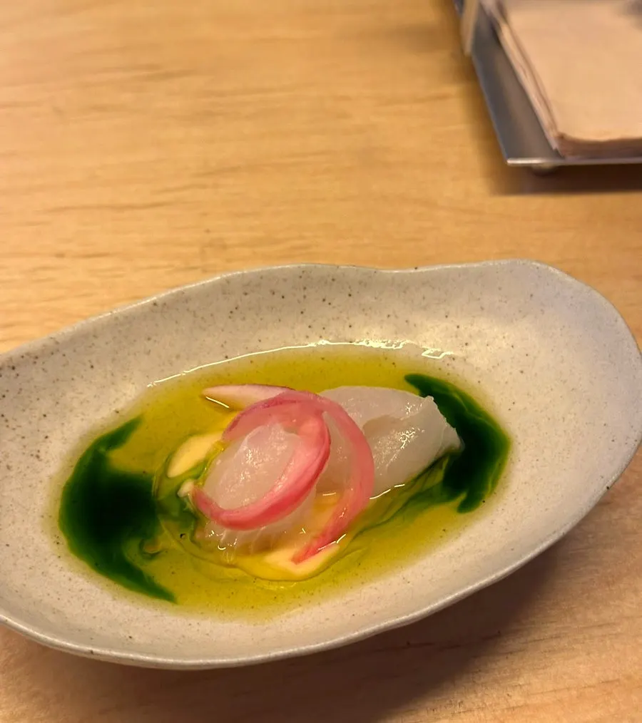 Aged fluke with dill green oil