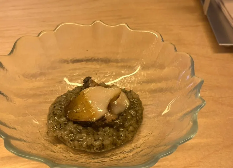 Seaweed risotto and charcoal-grilled abalone