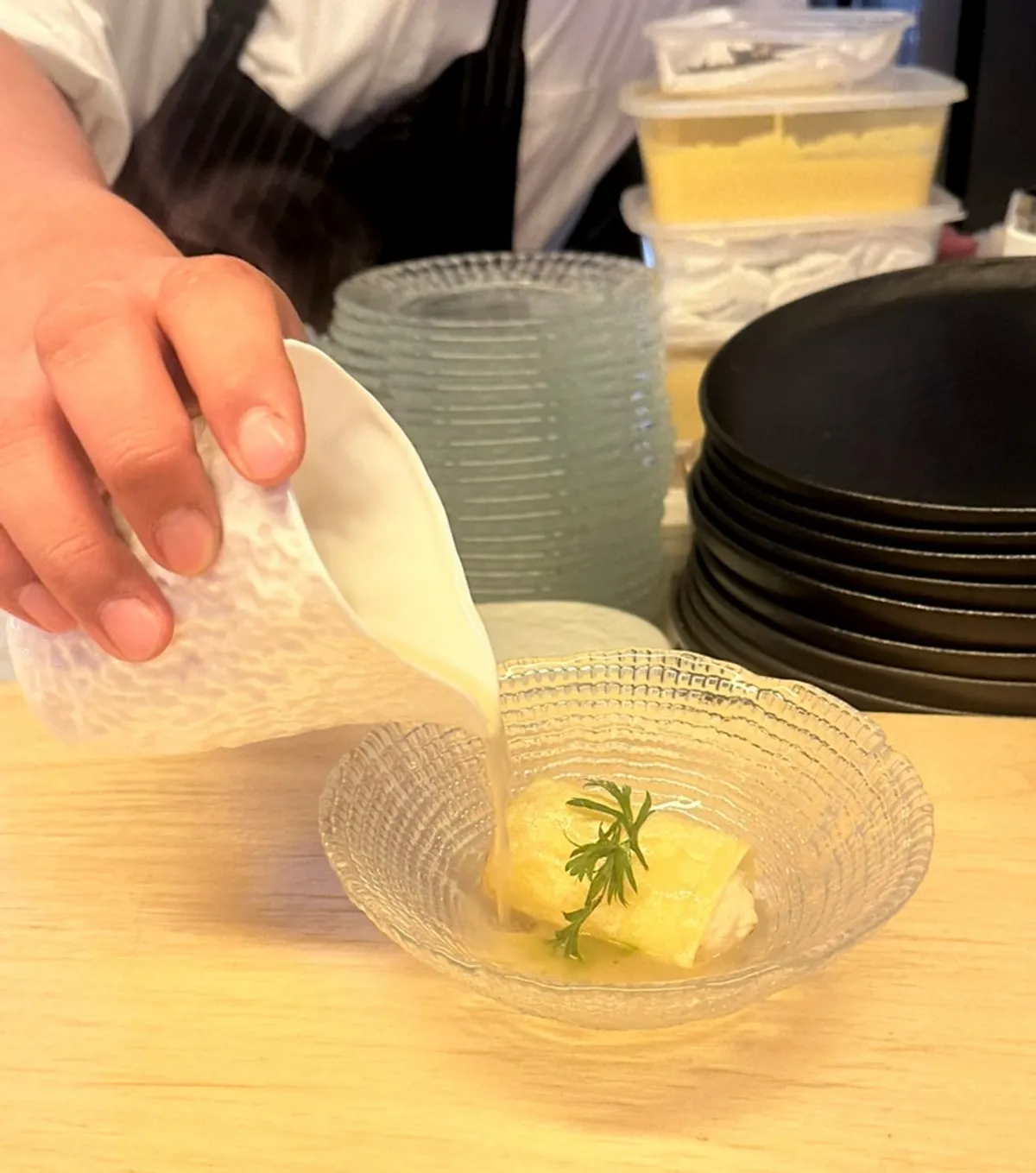 Chicken breast and beef consommé cannelloni