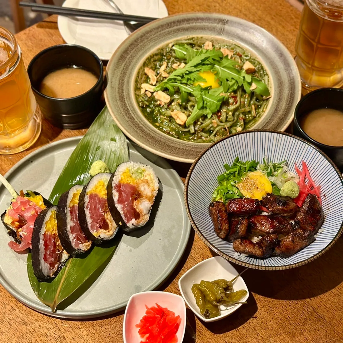 Padong’s futomaki, basil soba, and steak rice bowl