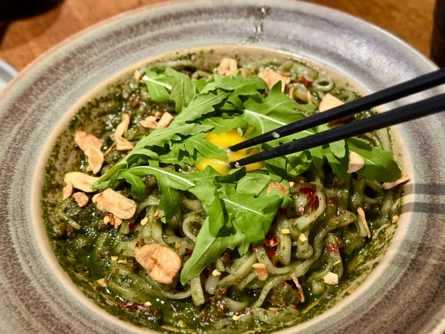Basil soba with basil pesto and egg yolk