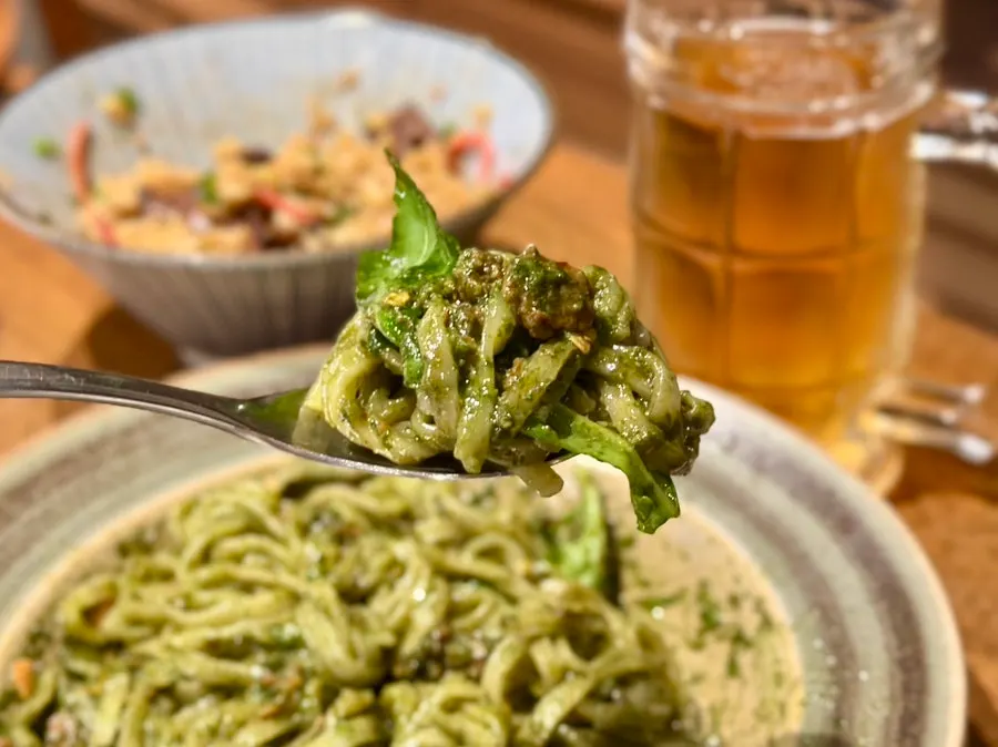 Basil soba with richly coated noodles