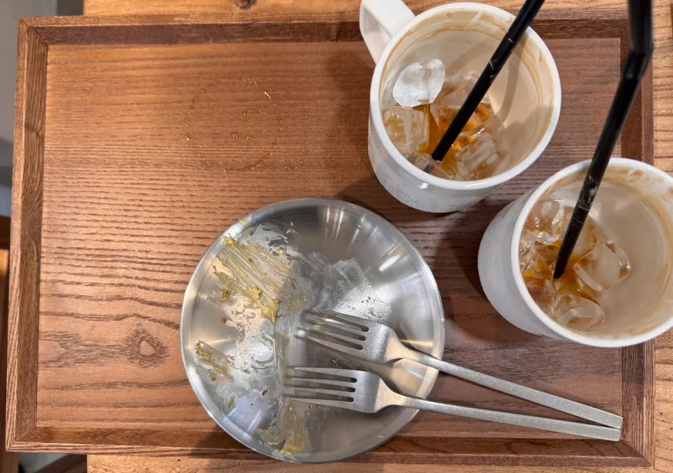 Empty dessert plate and glass left with only ice