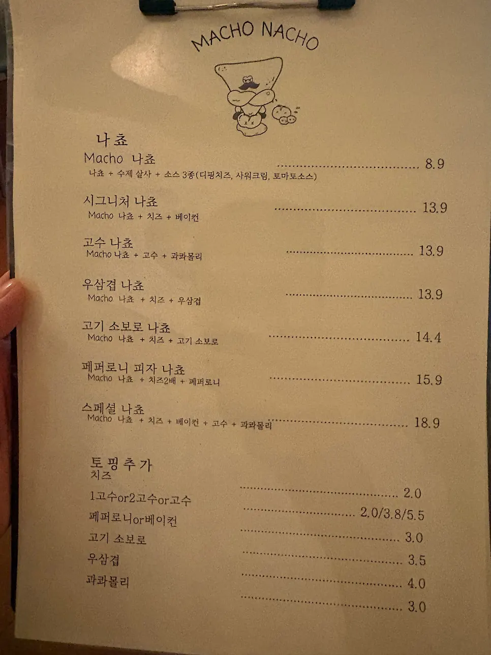 First page of Macho Nacho's menu