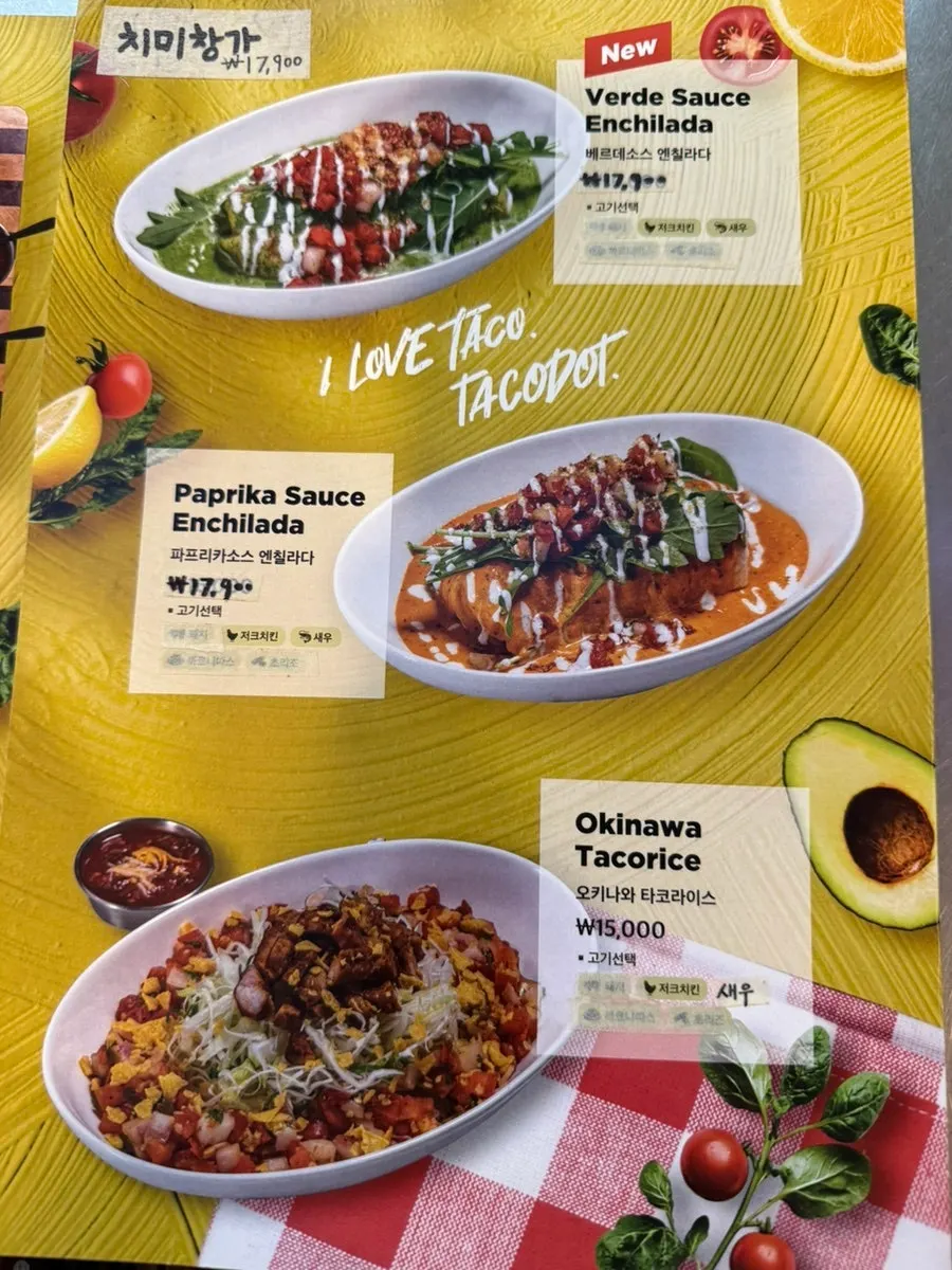 Menu board with taco rice at Taco Dot