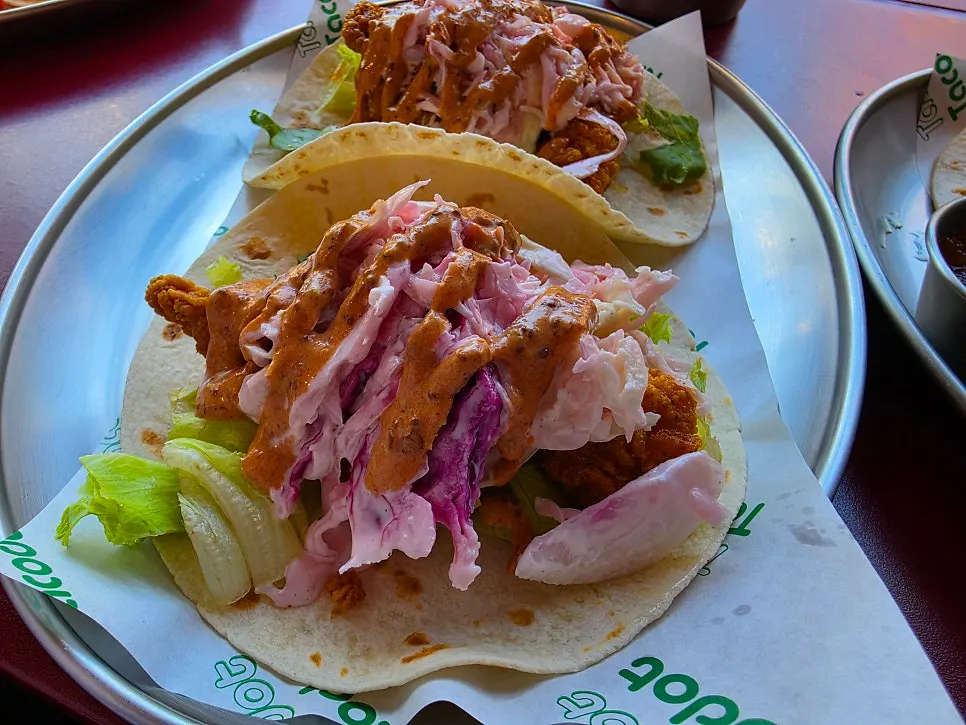 Cross-section of the Nashville hot chicken taco after a bite