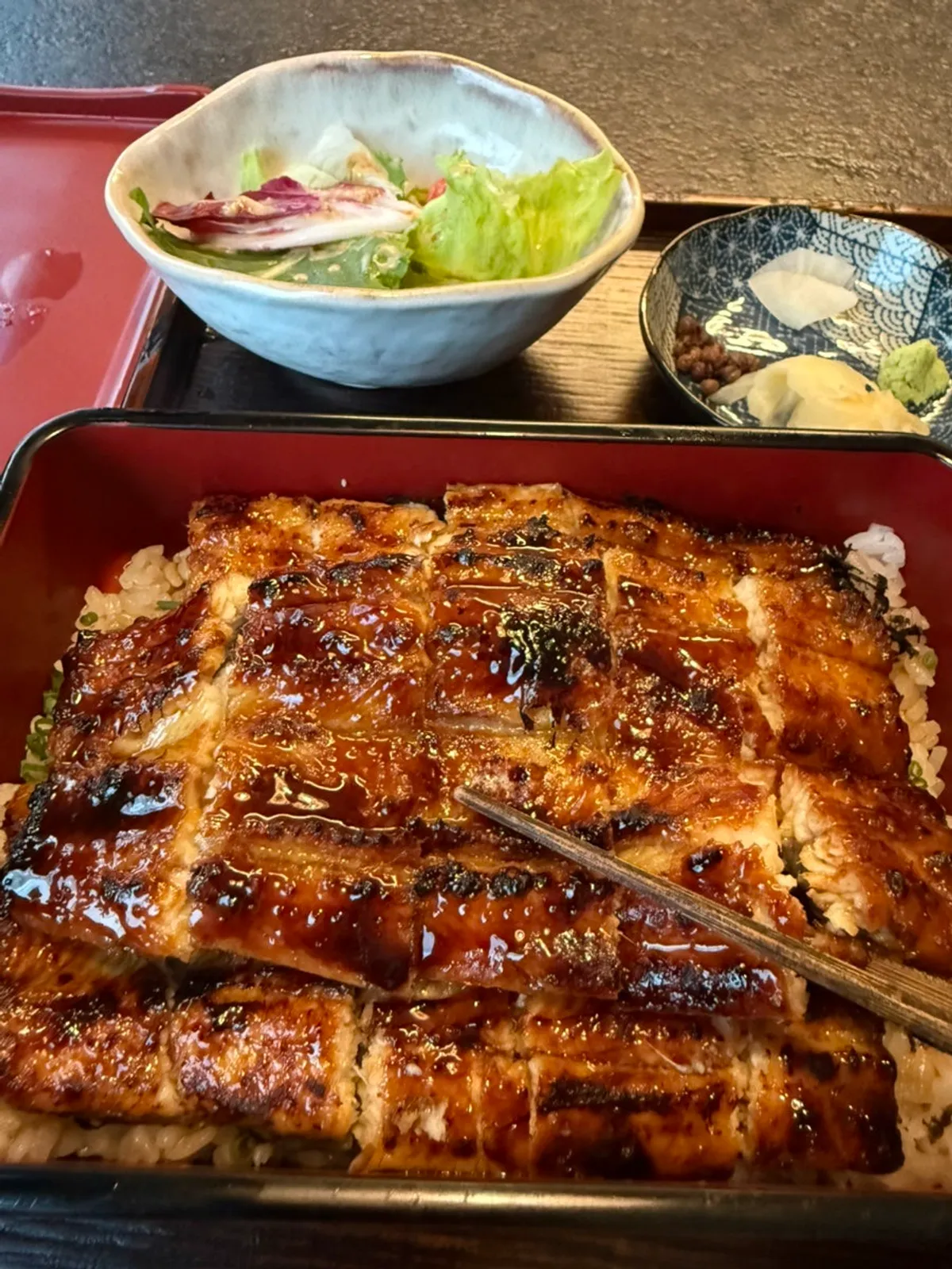 Full spread of Manmok's 1.5-serving eel rice bowl