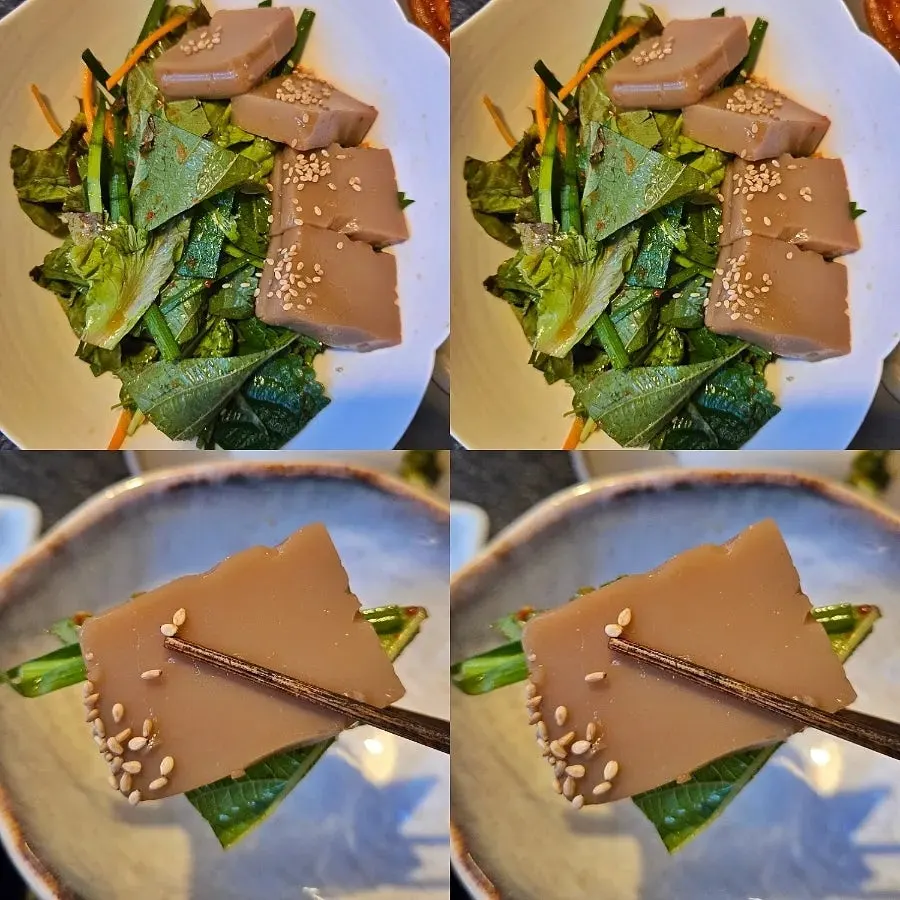 Basic side dishes with white kimchi, spinach, wasabi and sansho pepper