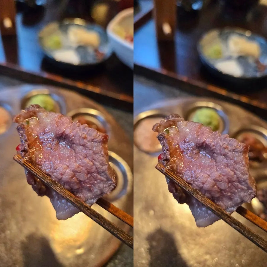 Hanwoo beef dipped in sauce from the hot pot