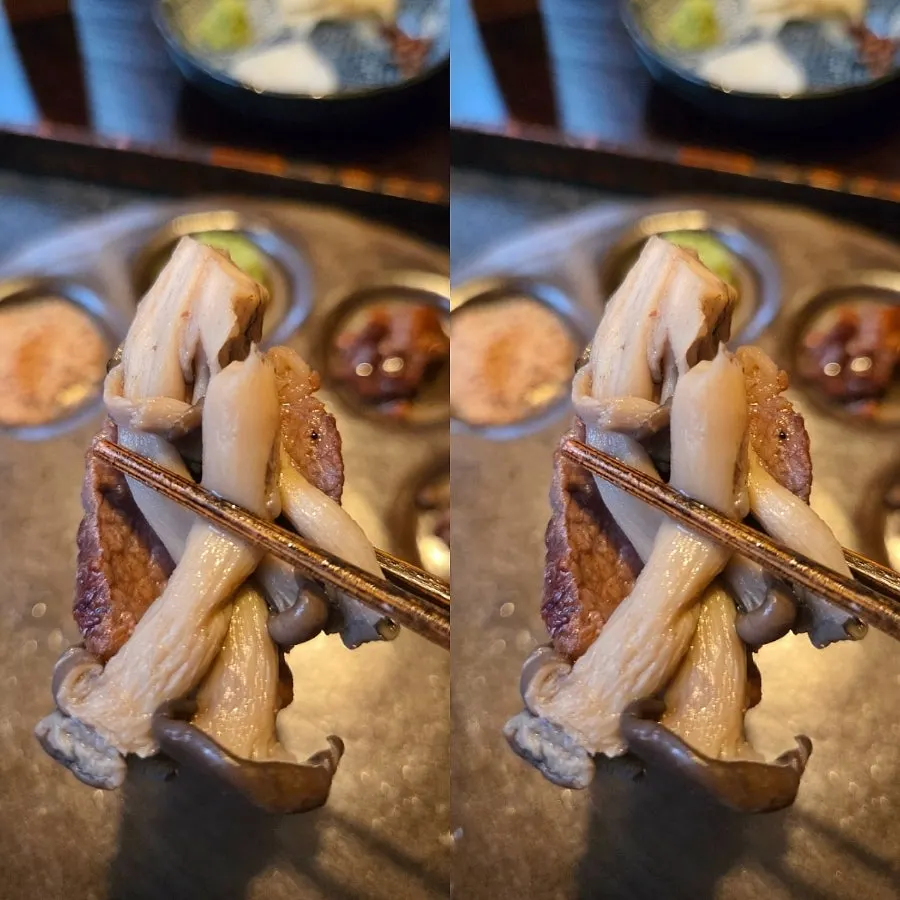 A piece of hanwoo hot pot beef with mustard