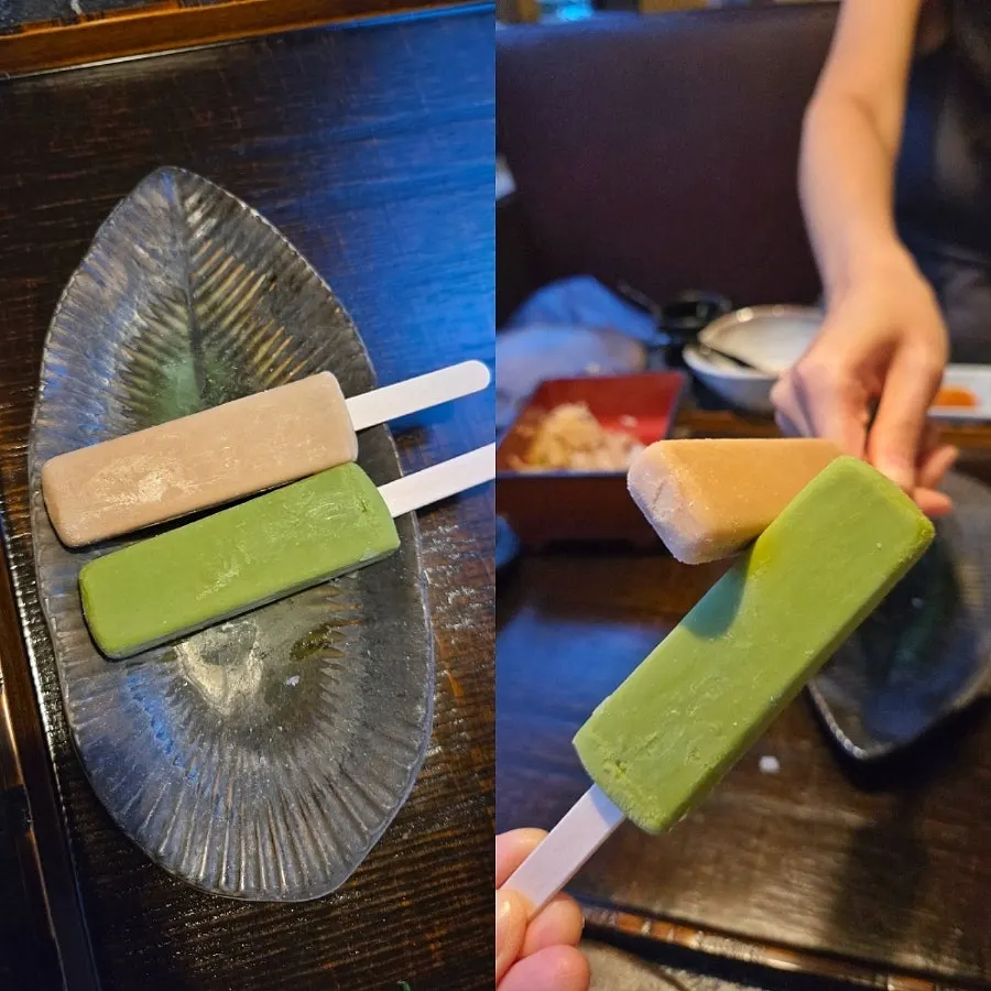 Black tea and matcha ice cream served for dessert
