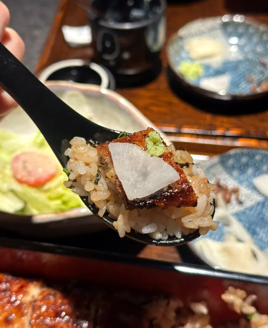 Close-up of the golden-browned eel rice bowl