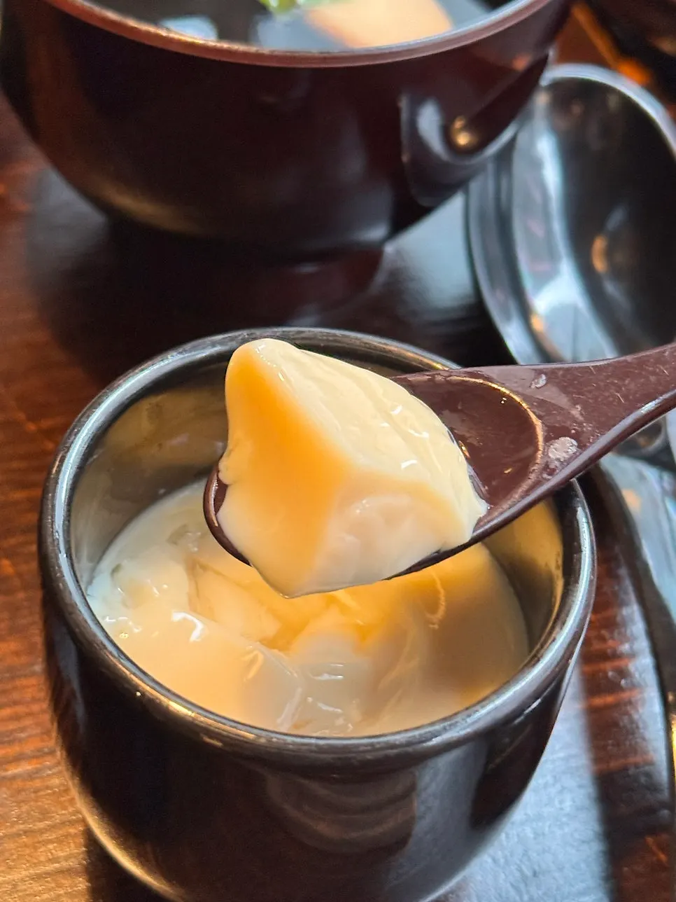 Cross-section of chawanmushi scooped with a spoon