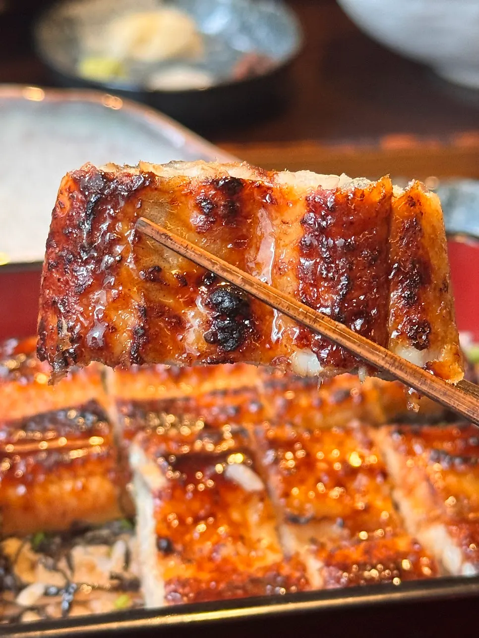 A piece of eel picked up with chopsticks