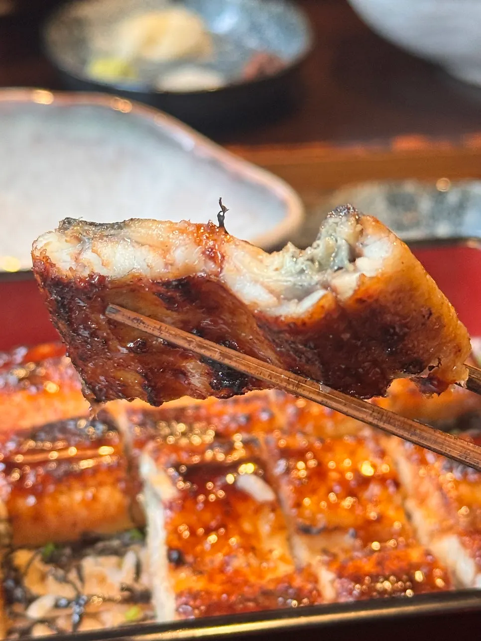 Rice grains soaked in sauce and seaweed flakes under the eel