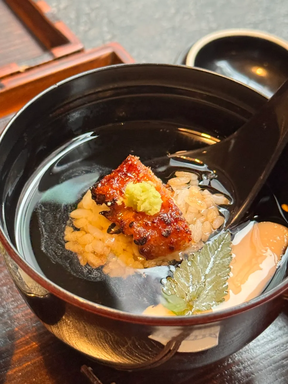 Eel rice bowl enjoyed ochazuke-style with soup poured over