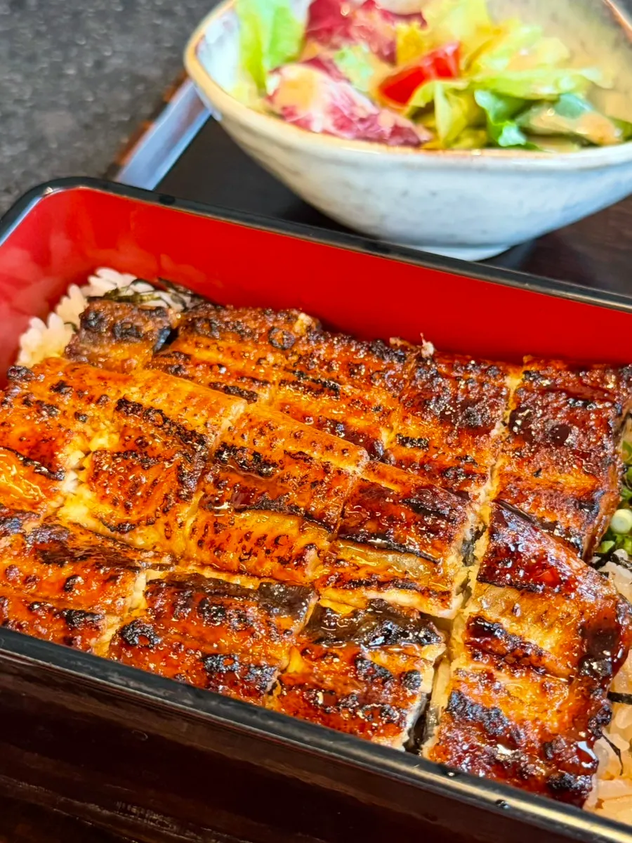Eel rice bowl served with salad and side dishes