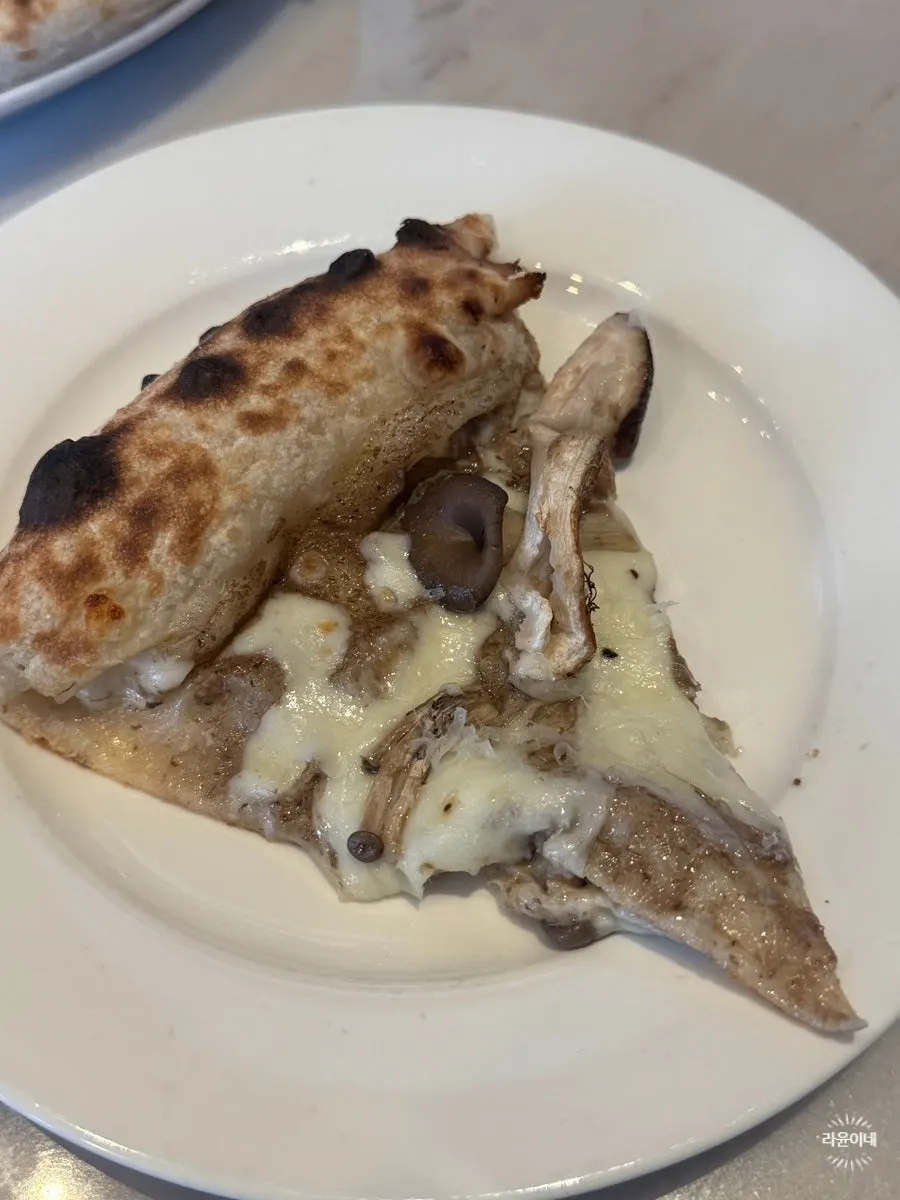 A slice of truffle jarasongi mushroom pizza lifted up