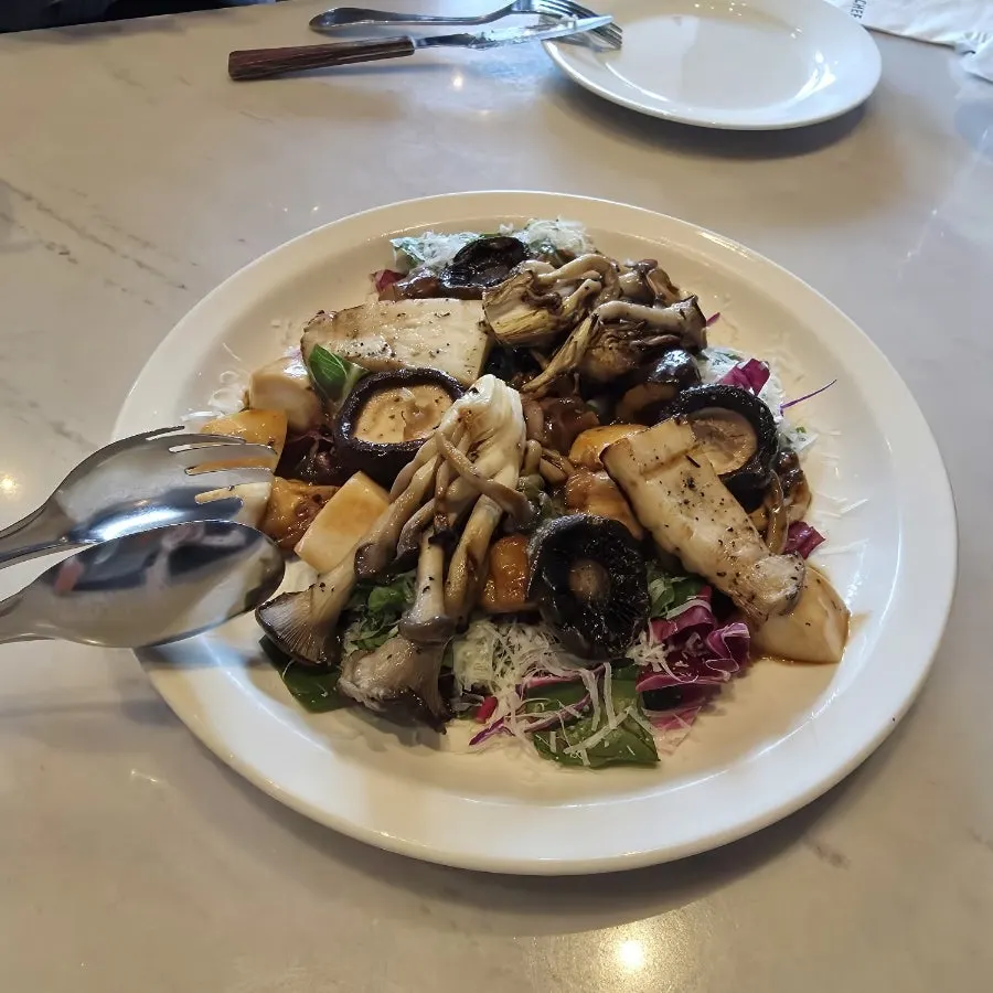 Mushroom hot salad drizzled with balsamic sauce