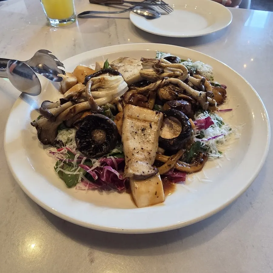 Close-up of the mushroom salad piled with mushrooms