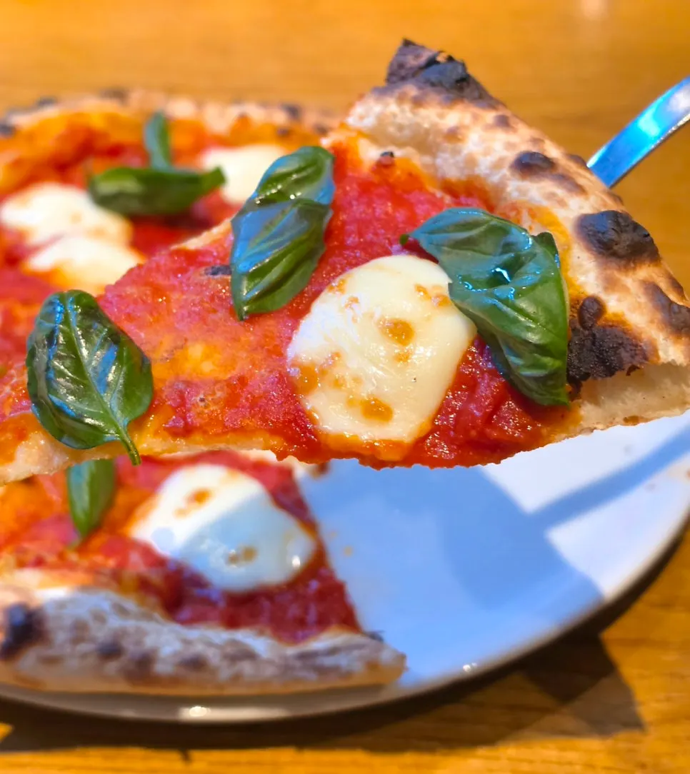 A slice lifted from the margherita pizza