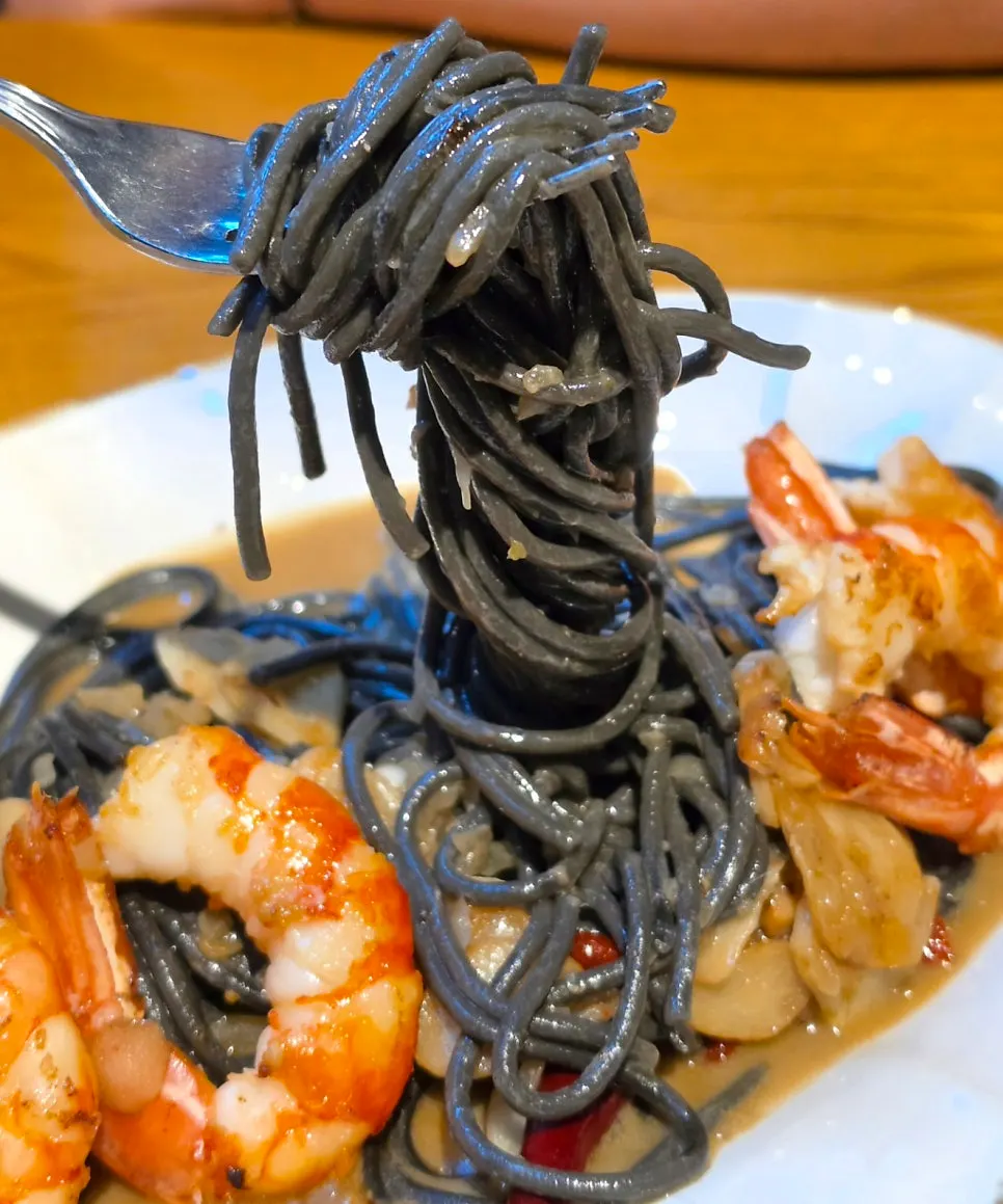 Black ink noodles twirled on a fork