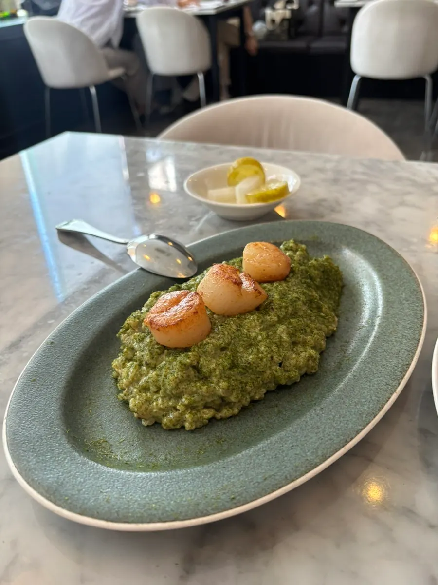 Close-up of barley risotto with seafood