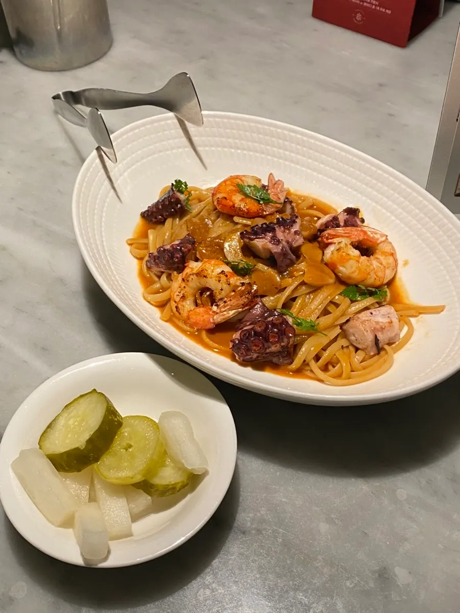 Plate of red shrimp bisque linguine